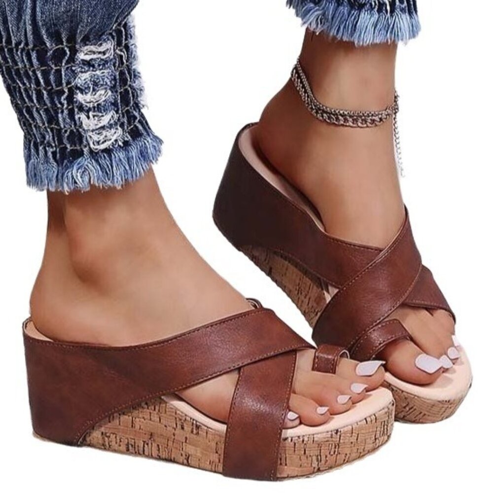 YASIRUN - Brown and Tan Cork Accent Wedge Sandal (9/9.5)